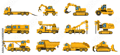 Construction trucks. Equipment building trucks, excavation crane truck, tractors and bulldozers, large engine isolated vector illustration set