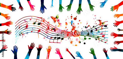 Music background with colorful G-clef, music notes and hands vector illustration design. Artistic music festival poster, live concert events, party flyer, music notes signs and symbols