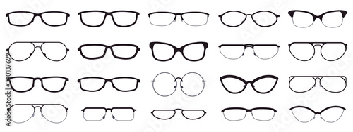 Glasses frames. Eyewear silhouettes, glasses frames, optical lens frame, hipster spectacles. Fashion optics eyewear vector illustration icons set. Hipster eye, lens, spectacles frame glasses