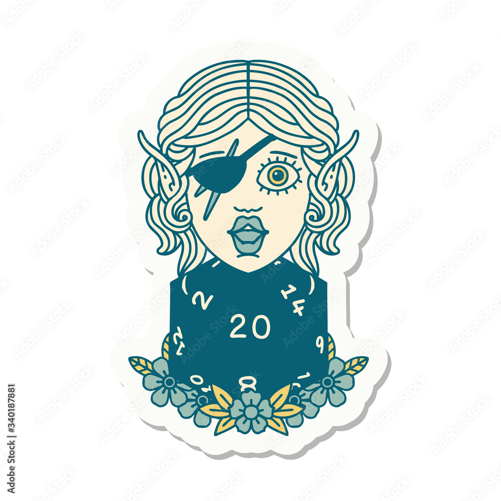 elf rogue character with natural twenty dice roll sticker elf rogue character with natural twenty dice roll sticker