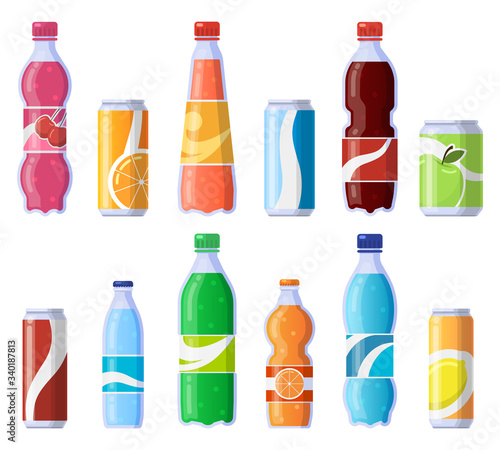 Soft drink cans and bottles. Soda bottled drinks, soft fizzy canned drinks, soda and juice beverages isolated vector illustration icons set. Beverage fizzy juice, soda in plastic and tin