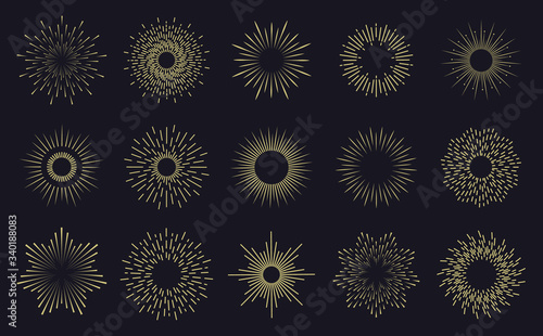 Vintage sunburst frames. Radiant sunburst lines, hands drawn sunbursts badges, firework sparks rays. Radiant star burst isolated vector icons set. Hand drawn badge radiant sun illustration