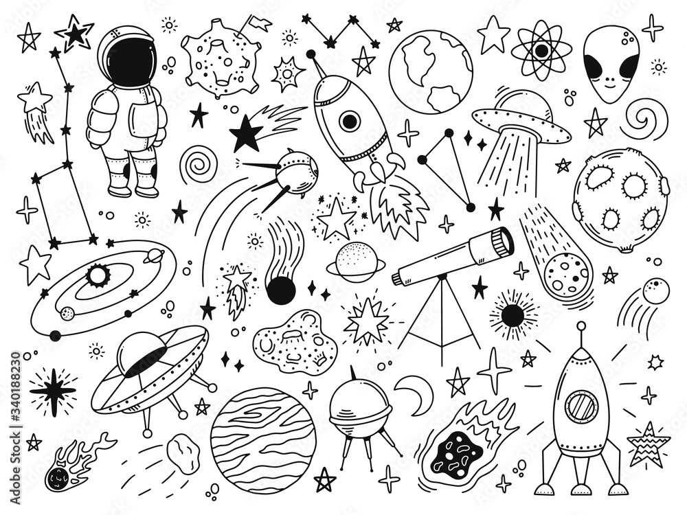 Hand drawn space. Doodle space planets, astrology cosmic doodles, telescope, cosmic rocket, spacecrafts. Universe doodle vector illustration set. Rocket astronaut, spacecraft satellite Векторный объект Stock Adobe Stock doodle