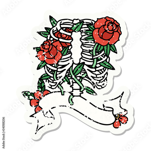 grunge sticker with banner of a rib cage and flowers