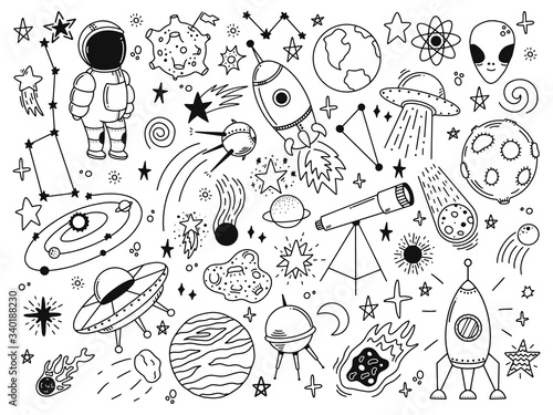 Hand drawn space. Doodle space planets, astrology cosmic doodles, telescope, cosmic rocket, spacecrafts. Universe doodle vector illustration set. Rocket astronaut, spacecraft satellite photo