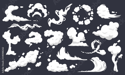 Cartoon smoke clouds. Comic smoke flows, dust, smog and smoke steaming cloud silhouettes isolated vector illustration set. Wind silhouette steaming, smoke explosion, comic cloud collection