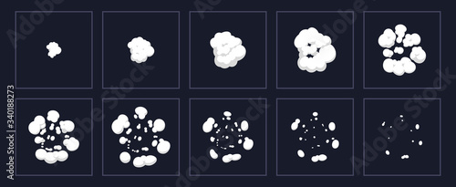 Smoke explosion animation. Cartoon explosion animated shot, explode clouds frames. Exploding effect storyboard isolated vector illustration set. Movement puff effect, flash motion boom photo