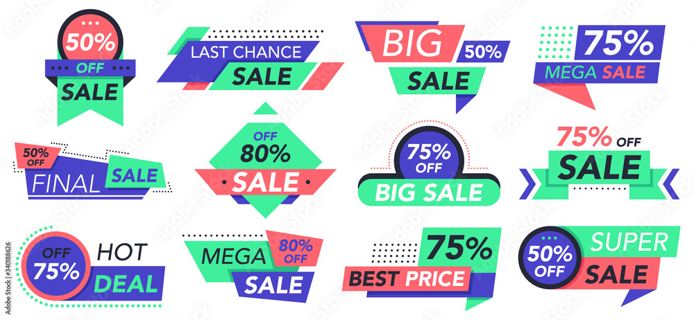 Sale badges. Retail, big sale and best offer tags, store discount stickers. Cheap price advertising labels vector icons set. Illustration discount retail, offer sticker, banner coupon promotion