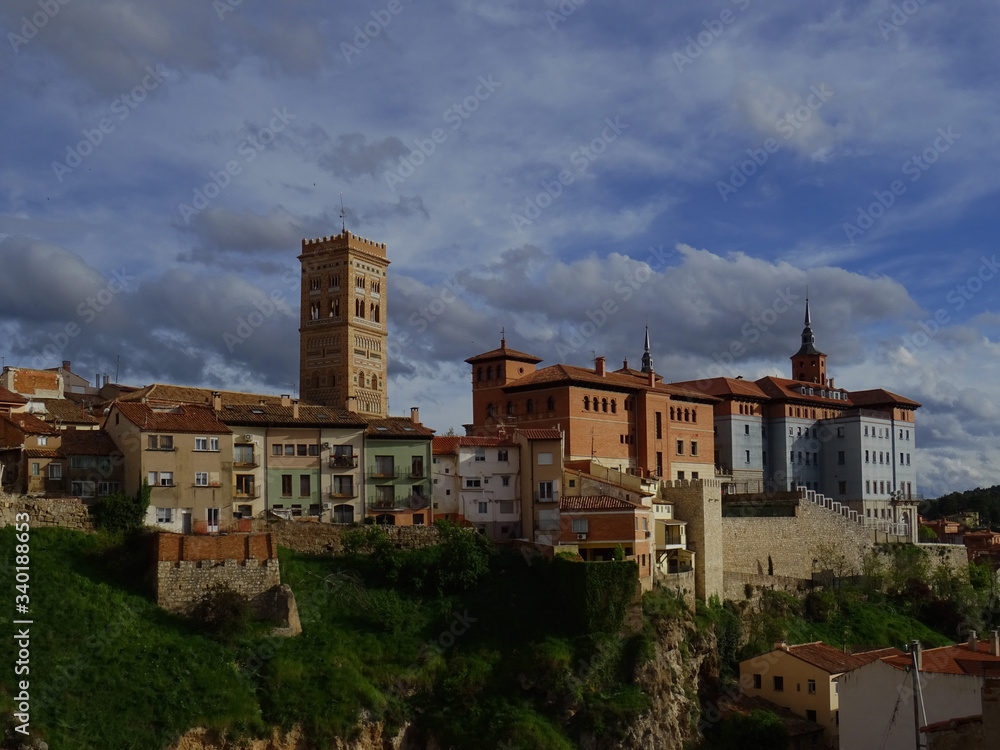View of the old city center of Teruel. Bell tower of the Church of San Martin standing out. Spain.