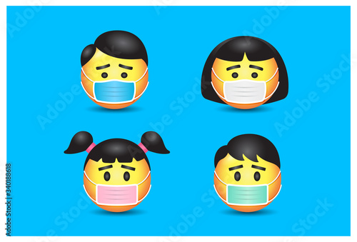 A panic Family is wearing Medical mask to avoid and spreading virus in emoji and emoticon design mode.