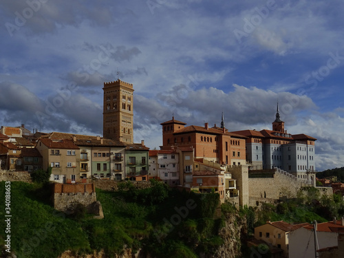 View of the old city center of Teruel. Bell tower of the Church of San Martin standing out. Spain.