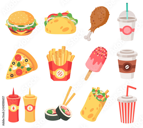 Junk street food. Fast food, doodle takeaway food and snacks, french fries, coffee, pizza. High calorie junk food isolated vector icons set. Pizza and burrito hamburger, soda fastfood illustration
