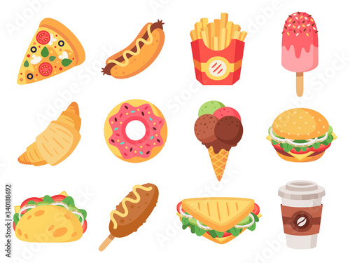 Fast food. Junk food and snacks  hamburger  taco  french fries  donut and pizza high calorie food. Doodle fast food vector isolated icons set. illustration of hotdog and croissant  snack and sandwich