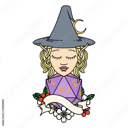 elf mage character with natural twenty dice roll illustration