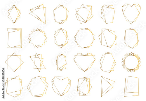 Golden geometric frames. Elegant gold hexagonal elements, abstract wedding invitation frame. Vintage luxury border vector symbols set. Geometric golden shape, hexagon and circle form illustration