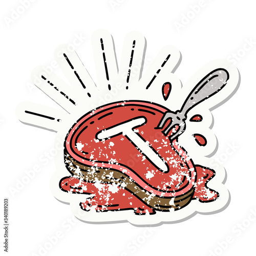 grunge sticker of tattoo style steak and fork