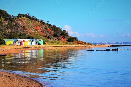 Welcome tourists to colorful  bathing boxes at Mornington Peninsula beach. Victoria. Australia photo