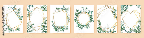 Green leaf frames. Spring wedding invitations, floral branches gold geometric borders. Elegant floral frames vector isolated symbols set. Poster and banner with bouquet frame floral illustration