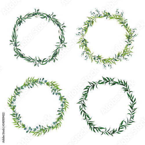 Round leaf borders. Circle green leaves wreath, floral frames, decorative circle invitation. Floral decorations isolated vector icons set. Green leaf frame, border wreath greenery illustration