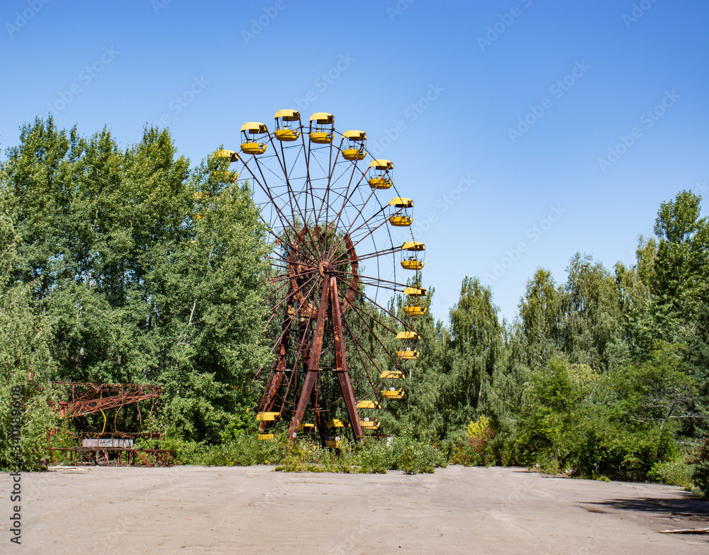 The famous ferris wheel and the surrounding area in the town of pripyat near chernobyl