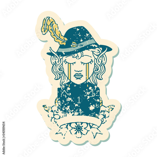 crying elf bard character with natural one D20 roll illustration