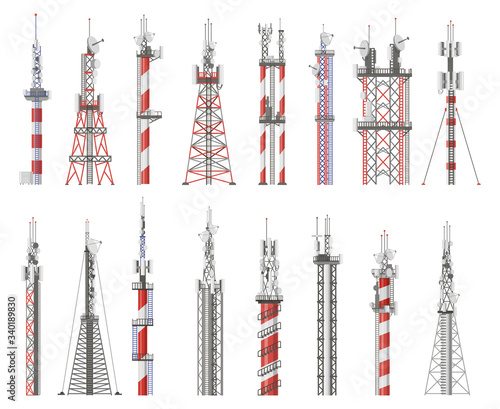 Broadcast technology tower. Communication antenna tower, wireless radio signal station. Cellular network tower vector illustration icons set. Radio signal tower, cellular broadcast cordless photo