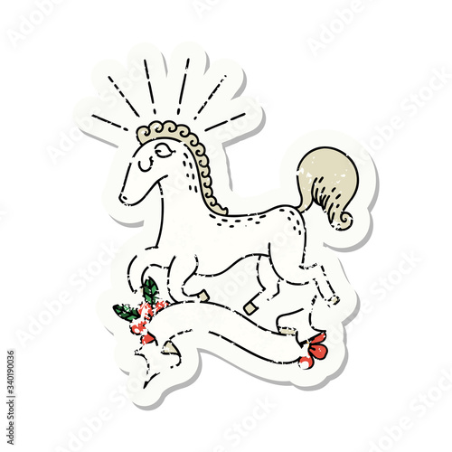 grunge sticker of tattoo style prancing stallion