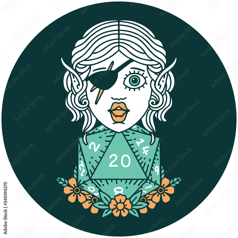 elf rogue character with natural twenty dice roll icon elf rogue character with natural twenty dice roll icon