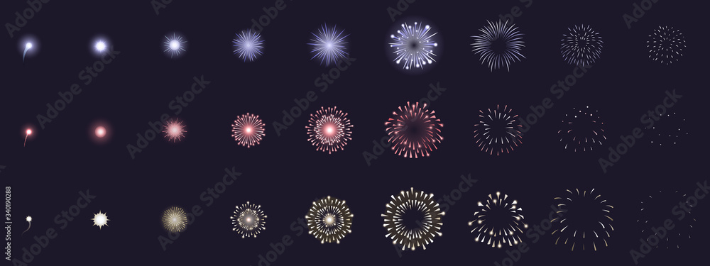 Fireworks animation. Animated firework explosion frames, party firecracker  explosion storyboards. Fireworks explosions vector illustration set.  Explosion sequence action, firework collection set Stock Vector | Adobe  Stock