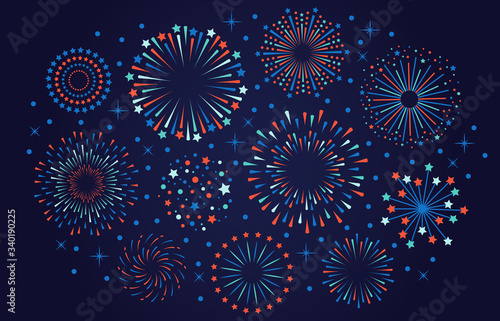 Celebration 4th July USA fireworks. Festival firecracker, colorful fireworks explosions, carnival party firework vector illustration. Firework celebration explosion, explosive firecracker photo