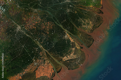 Mekong River Delta in Vietnam, where the Mekong River approaches and empties into the South China Sea, seen from space - contains modified Copernicus Sentinel Data (2020)