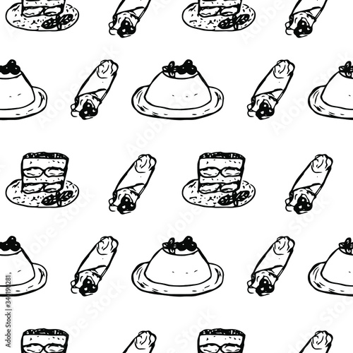 Italian sweets, seamless pattern, tiramisu, panacotta and canolli, vector illustration, hand drawing photo