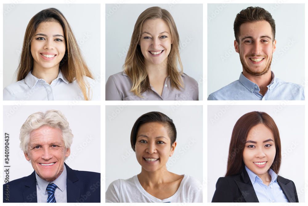 Portraits of male and female co-workers of different positions. Race discrepancies, respectful relations and discrimination ethics at work concept. Formal clothing and office fashion concept. Portraits of male and female co-workers of different positions. Race discrepancies, respectful relations and discrimination ethics at work concept. Formal clothing and office fashion concept.