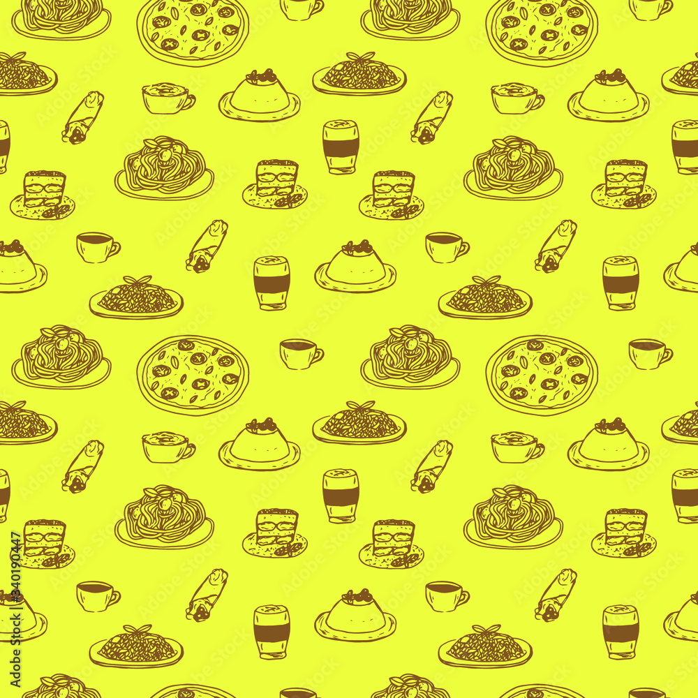 Italian food, seamless pattern, vector illustration, hand drawing, pasta, pizza, risotto, tiramisu, panna cotta, cream tube, espresso, latte and cappuccino, brown and yellow color
