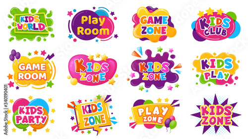 Kids entertainment badges. Game room party labels, children education and entertainment club elements. Baby playing zone vector illustration set. Playroom area, child and kids zone for game