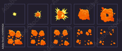 Cartoon motion explosions. Animated explosion shot, explode fire frames. Exploding effect frames vector illustration set. Explosion cartoon animation, boom movement, explore effect