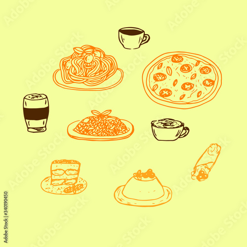 Set of Italian food, vector illustration, hand drawing, pasta, pizza, risotto, tiramisu, panna cotta, cream tube, espresso, latte and cappuccino, brown and orange color