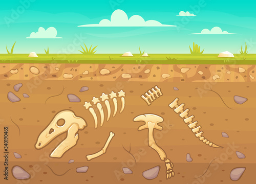 Cartoon reptile bones ground. Archeology buried bones game underground, dinosaur skeleton in soil layers vector background illustration. Reptile archeology, ancient extinct prehistory