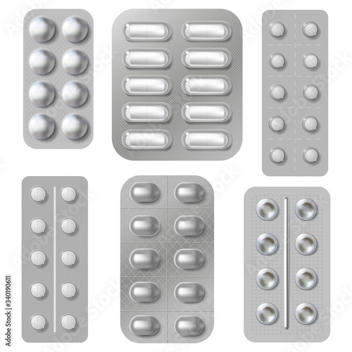 Blister tablets and pills packs. Realistic medicine vitamins capsule and antibiotics packing. Pharmaceutical drugs packaging isolated vector set. Pharmaceutical tablet and antibiotic illustration