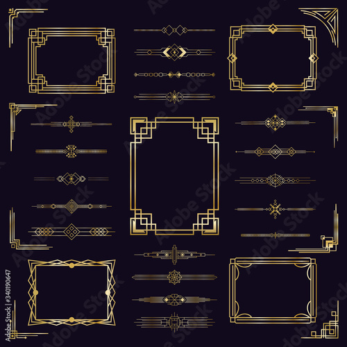Art deco border frames. Vintage arabic golden elegant frames, modern gold antique decorative ornament isolated icons set. Illustration colllection frame divider, border and corner for page vintage