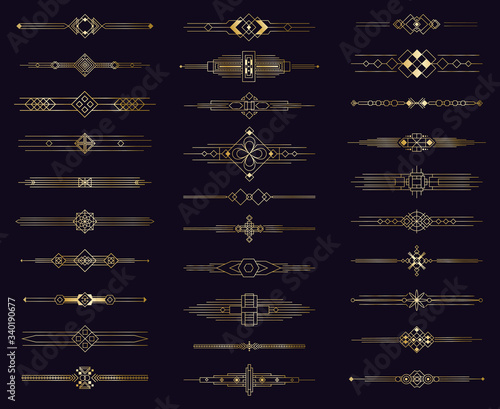 Art deco gold divider. Modern golden elegant border, decorative antique ornament. Vintage arabic geometric dividers isolated icons elements set. Illustration border menu divider, template label page