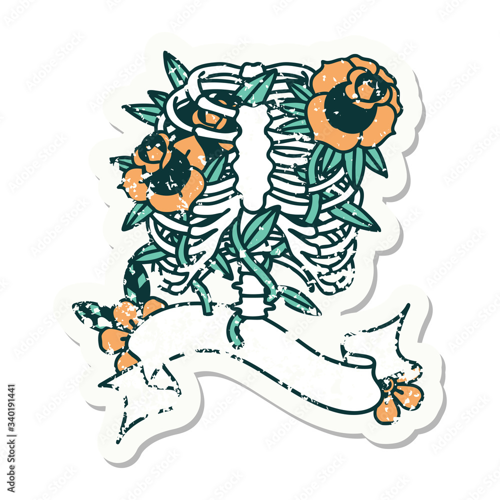 grunge sticker with banner of a rib cage and flowers
