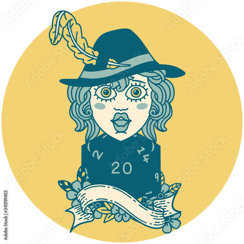 human bard with natural 20 dice roll illustration