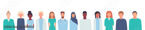 Horizontal vector illustration in flat style isolated on white. Coronavirus. Doctors, nurses, healthcare workers, medical staff. Multiethnic group of people. Thank you. Stay at home. Place for text