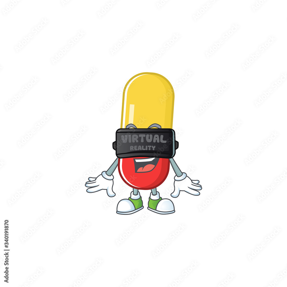 A cartoon mascot of red yellow capsules enjoying game with Virtual reality headset A cartoon mascot of red yellow capsules enjoying game with Virtual reality headset
