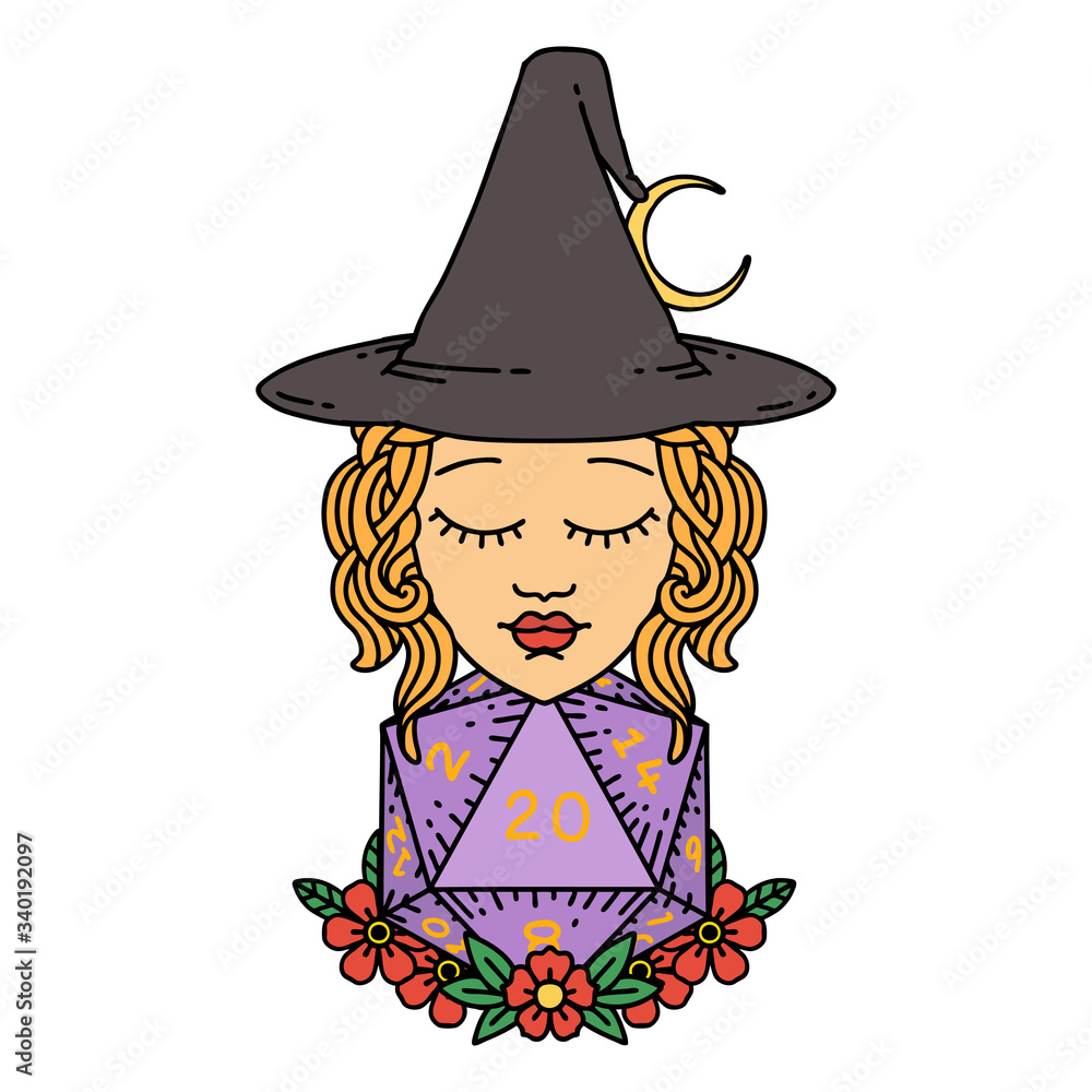 human witch with natural twenty dice roll illustration