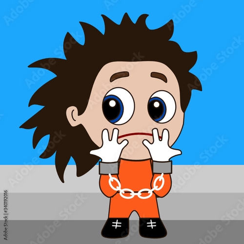 Handcuffed man that is showing his hands, arrested female criminal suspect about to go to jail, ashamed guy under custody in handcuffs, simple colored emoticon, primitive vector art