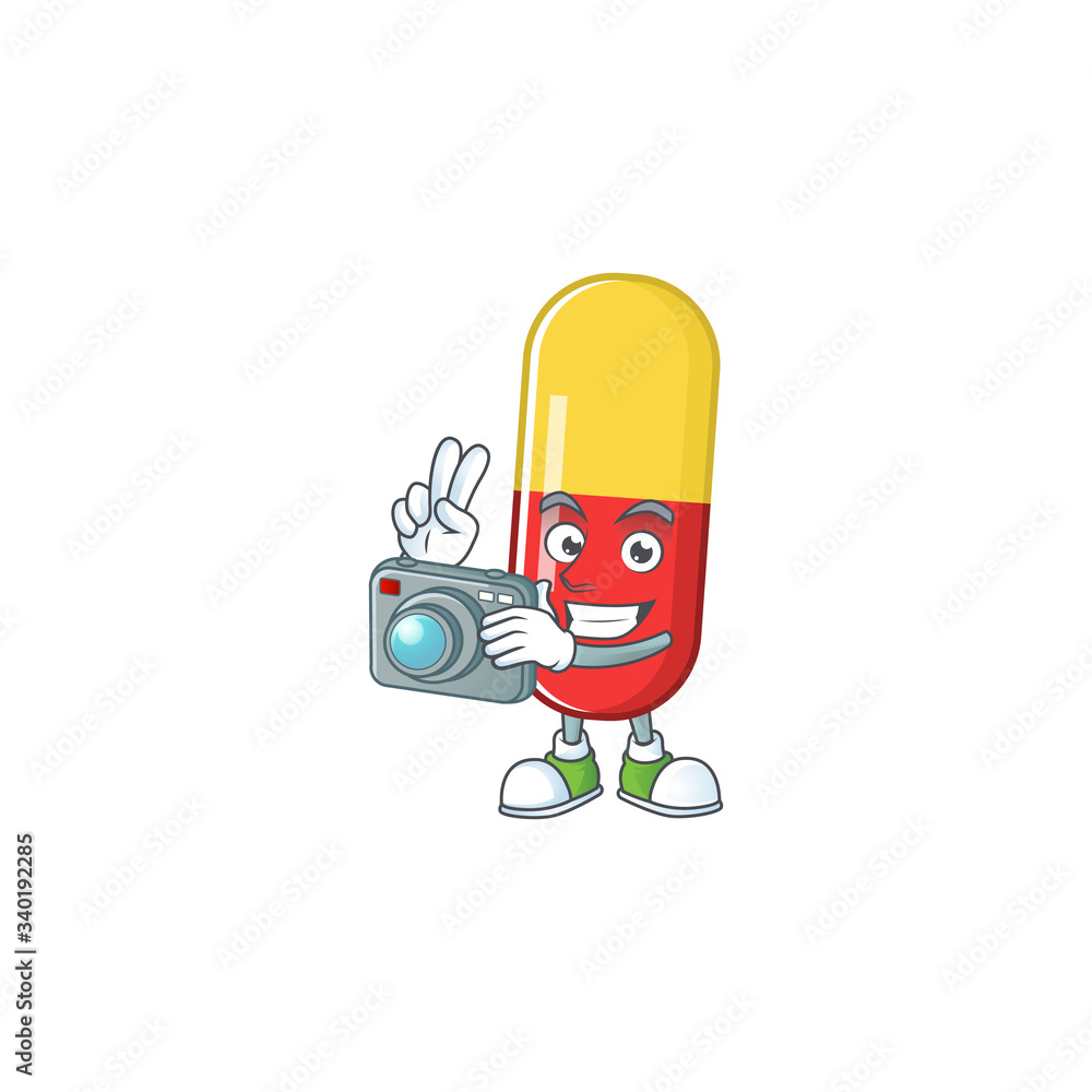 Red yellow capsules photographer mascot design concept using an expensive camera Red yellow capsules photographer mascot design concept using an expensive camera
