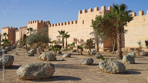 Old Berberian town defensive wall with gate and park with palm trees, Taroudant, Morocco photo