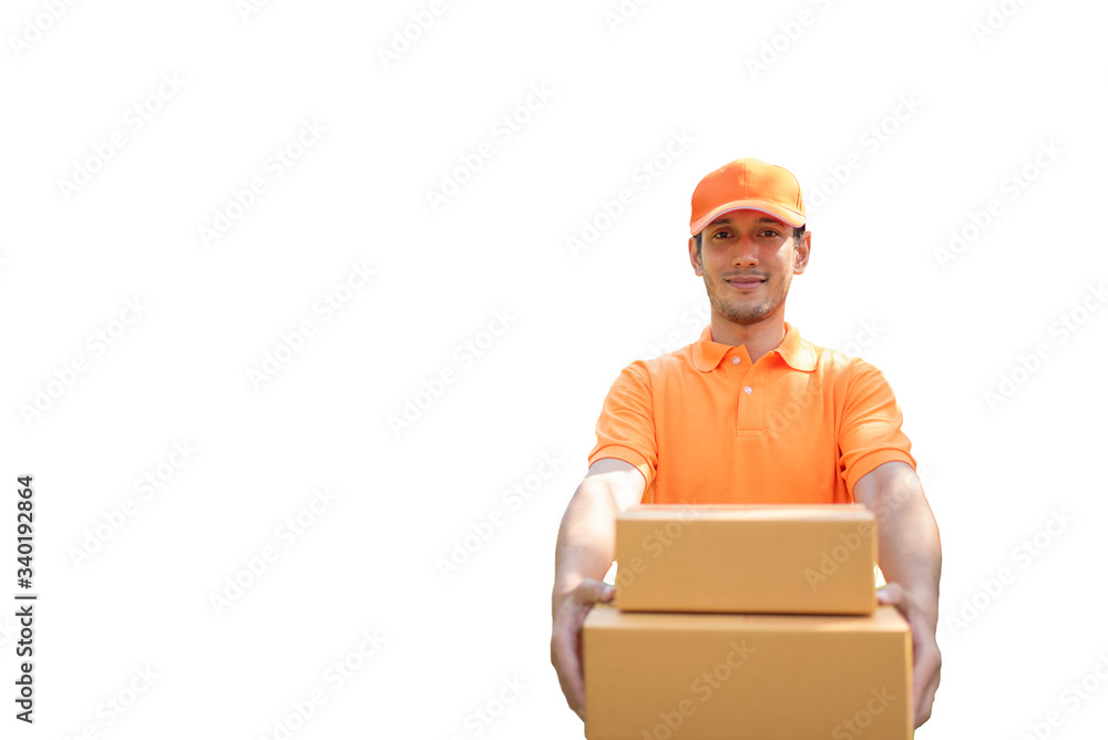 The deliveryman in orange dress, carrying parcels, delivering packages to customers on a white background,Parcel delivery concept The deliveryman in orange dress, carrying parcels, delivering packages to customers on a white background,Parcel delivery concept